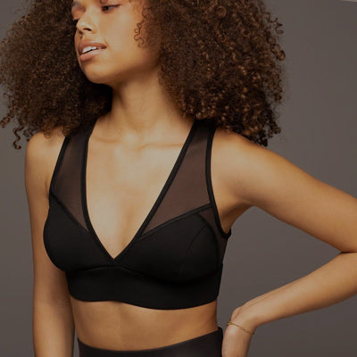 Black Scoop Neck Sports Bra With Criss Cross and Mesh Detail