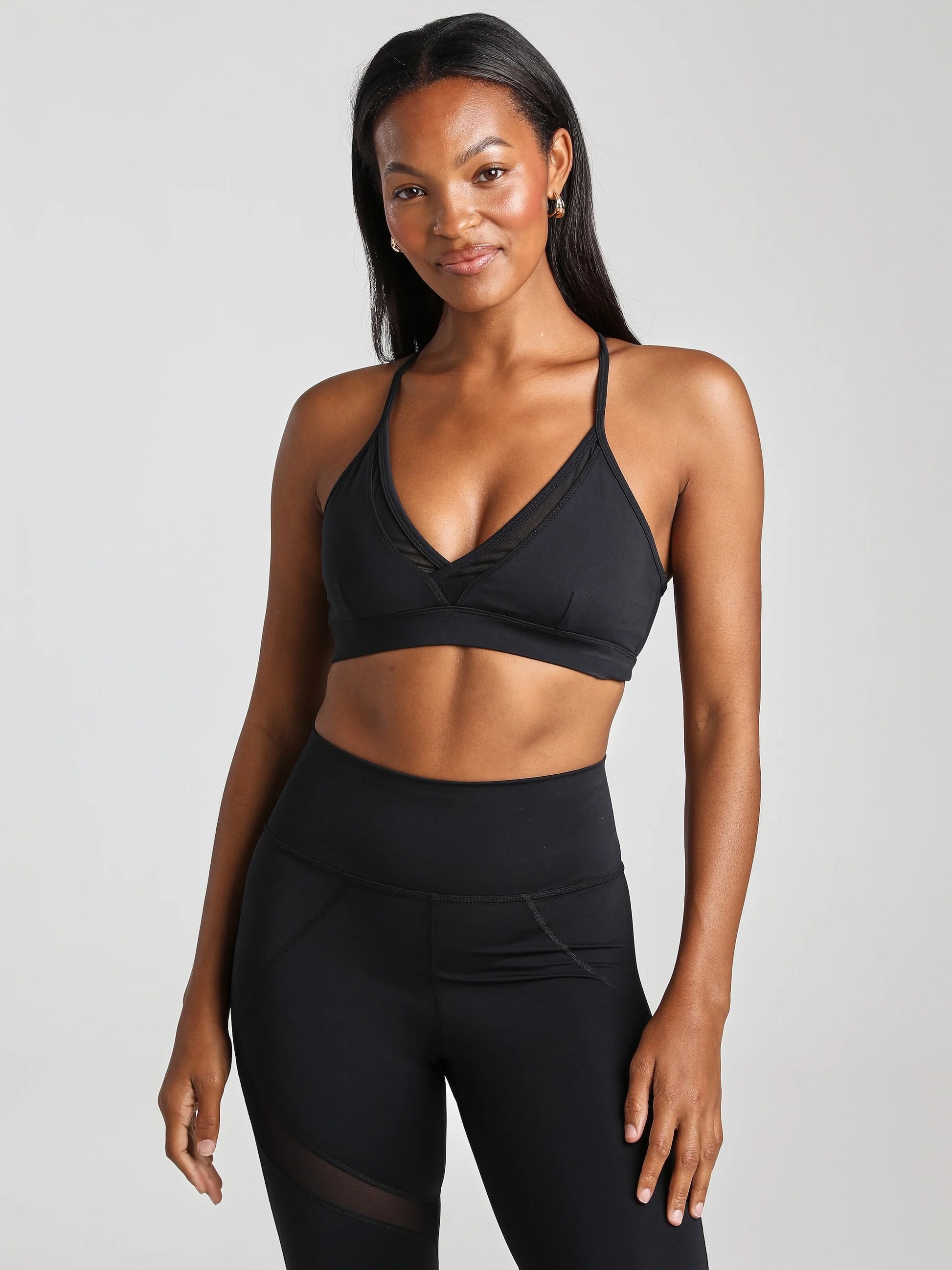 V - Neck Mesh Panel Bra - Black | Losano | Evolve Fit Wear