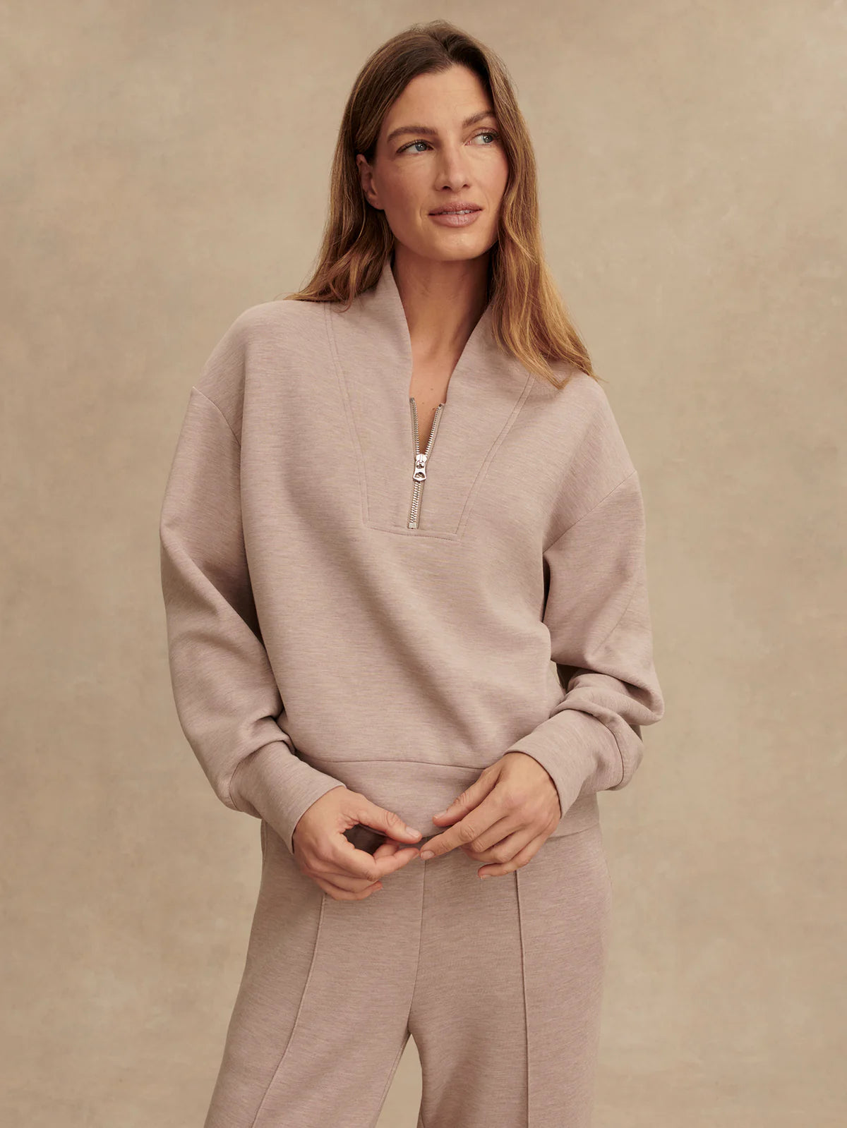 Davidson Sweat - Taupe Marl | Half Zip Relaxed Fit Sweatshirt