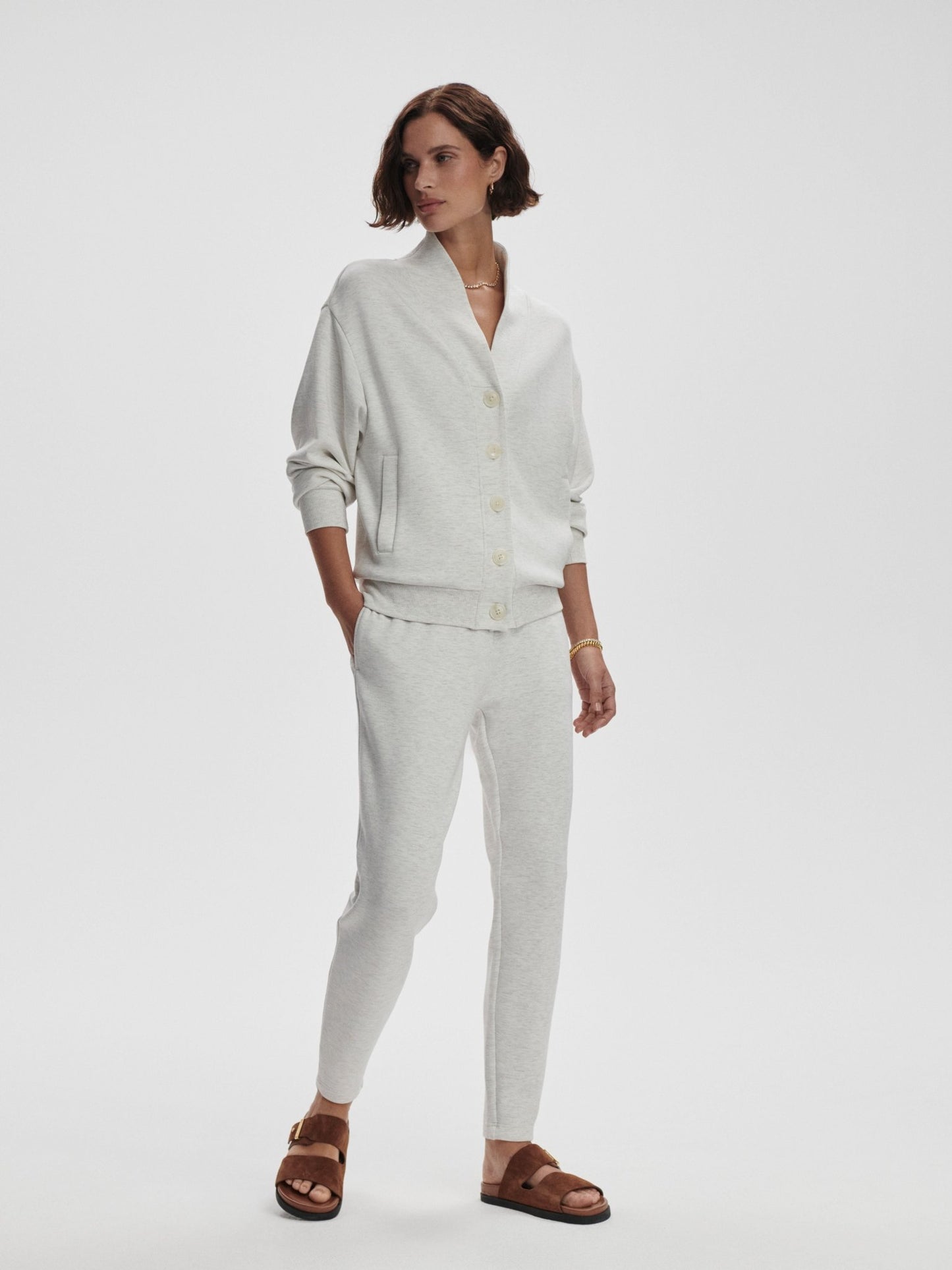 Varley Celeste Button Through Sweat - Ivory Marl | Varley | Evolve Fit Wear