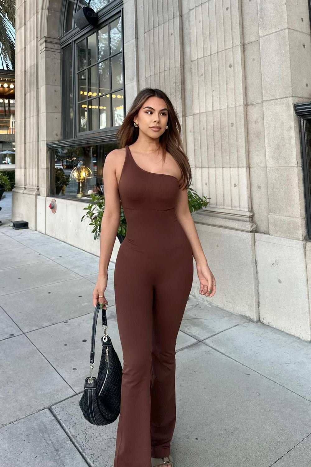 Sculpt One Shoulder Jumpsuit - Cocoa | Sculpt | Evolve Fit Wear