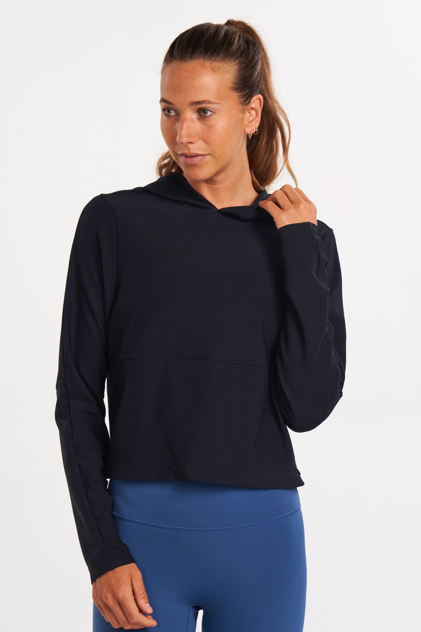ALTRN Ribbed Textured Pullover Hoodie with Zip Pockets - Black