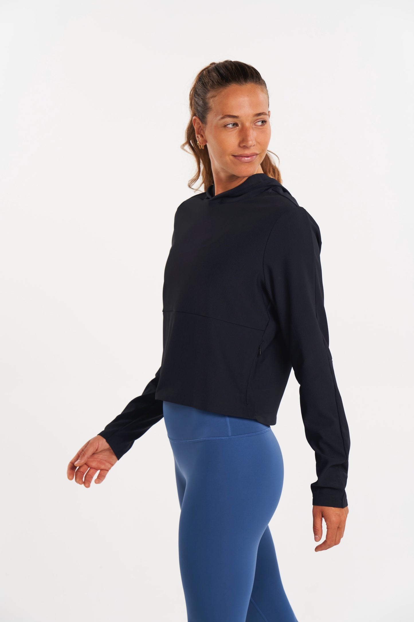 ALTRN Ribbed Textured Pullover Hoodie with Zip Pockets - Black