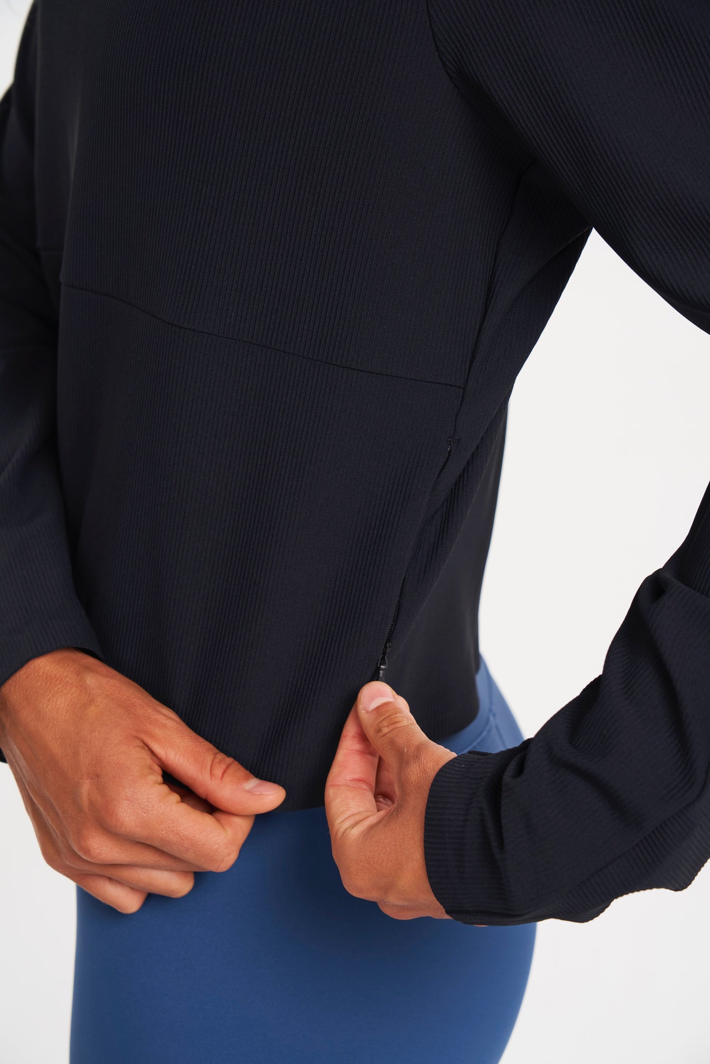 ALTRN Ribbed Textured Pullover Hoodie with Zip Pockets - Black