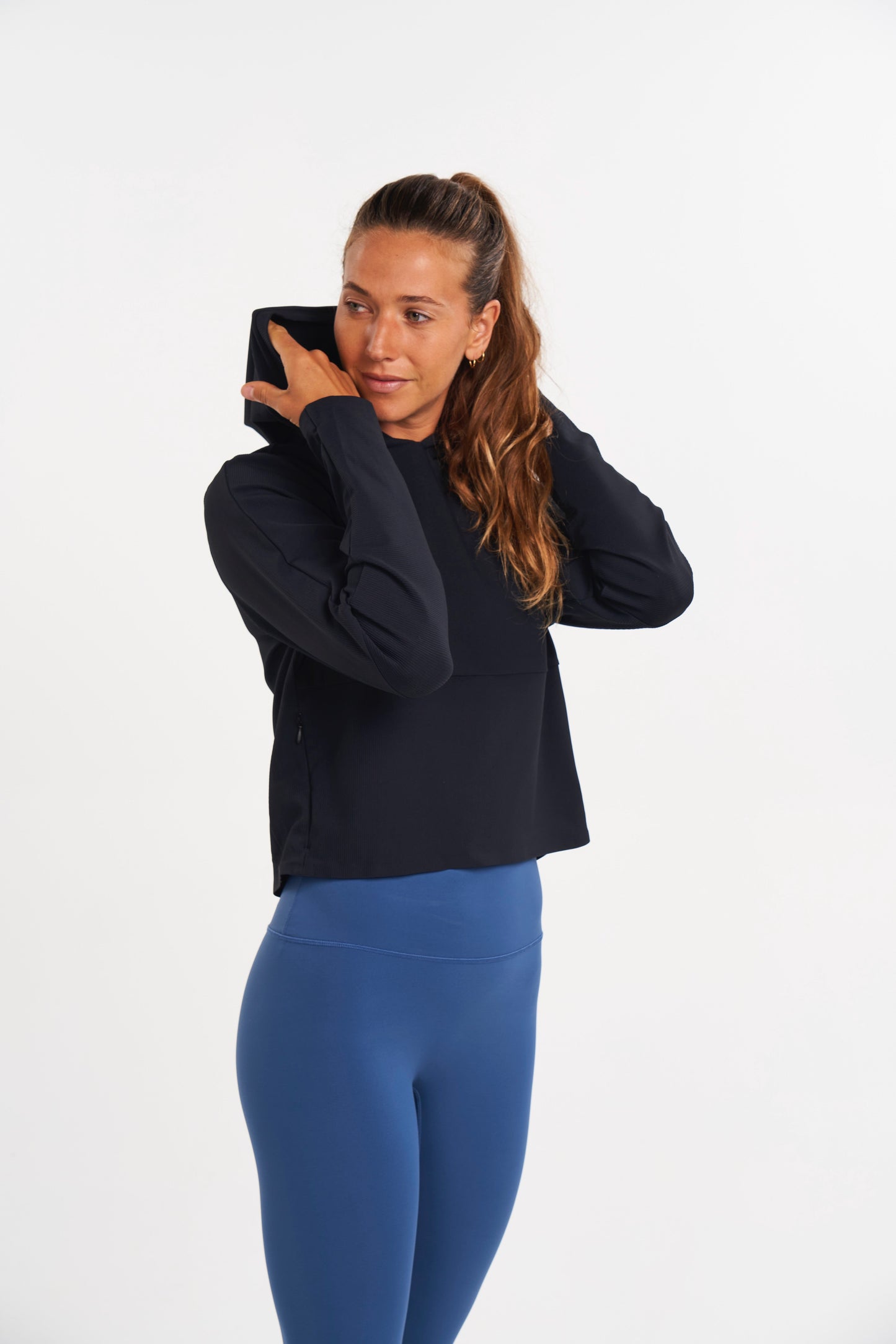 ALTRN Ribbed Textured Pullover Hoodie with Zip Pockets - Black