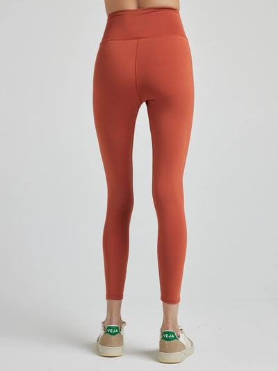 model poses in burnt orange leggings with corset boning