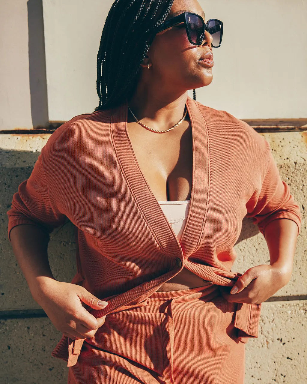 Organic Thermal Relaxed Cardigan - Baked Clay