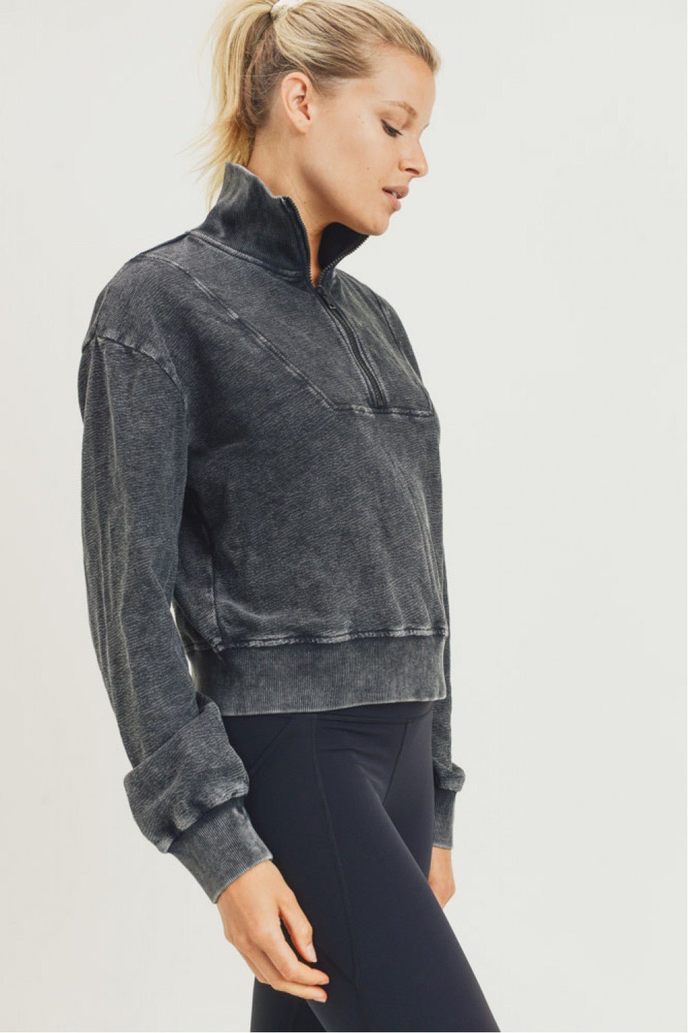 Half - Zip Jacquard Mineral - Wash Pullover with Tall Collar | Mono B | Evolve Fit Wear