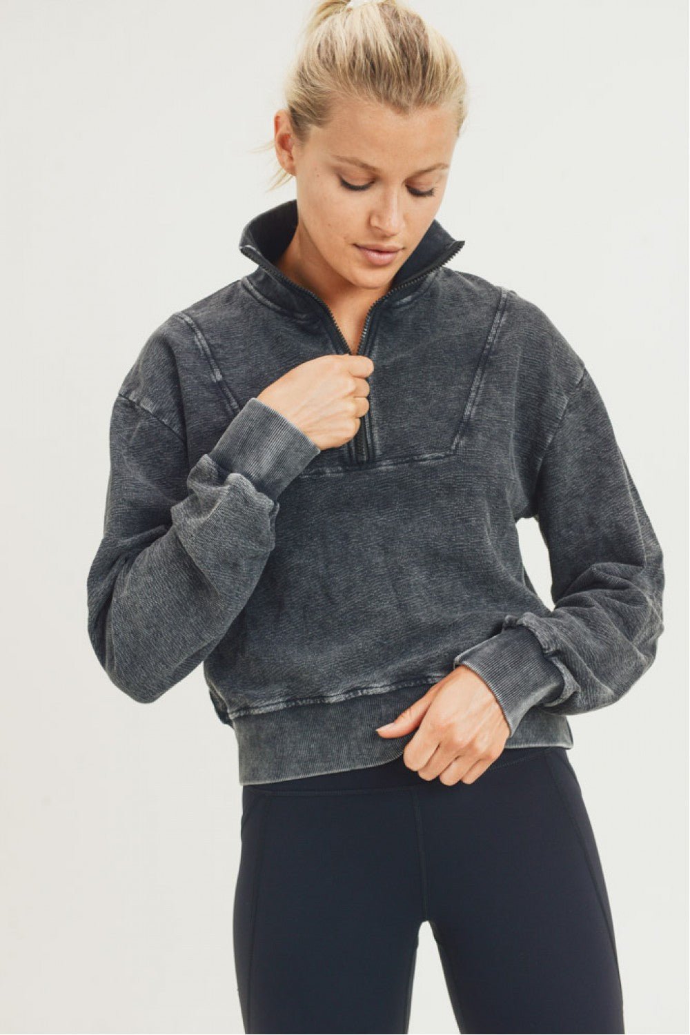 Half - Zip Jacquard Mineral - Wash Pullover with Tall Collar | Mono B | Evolve Fit Wear