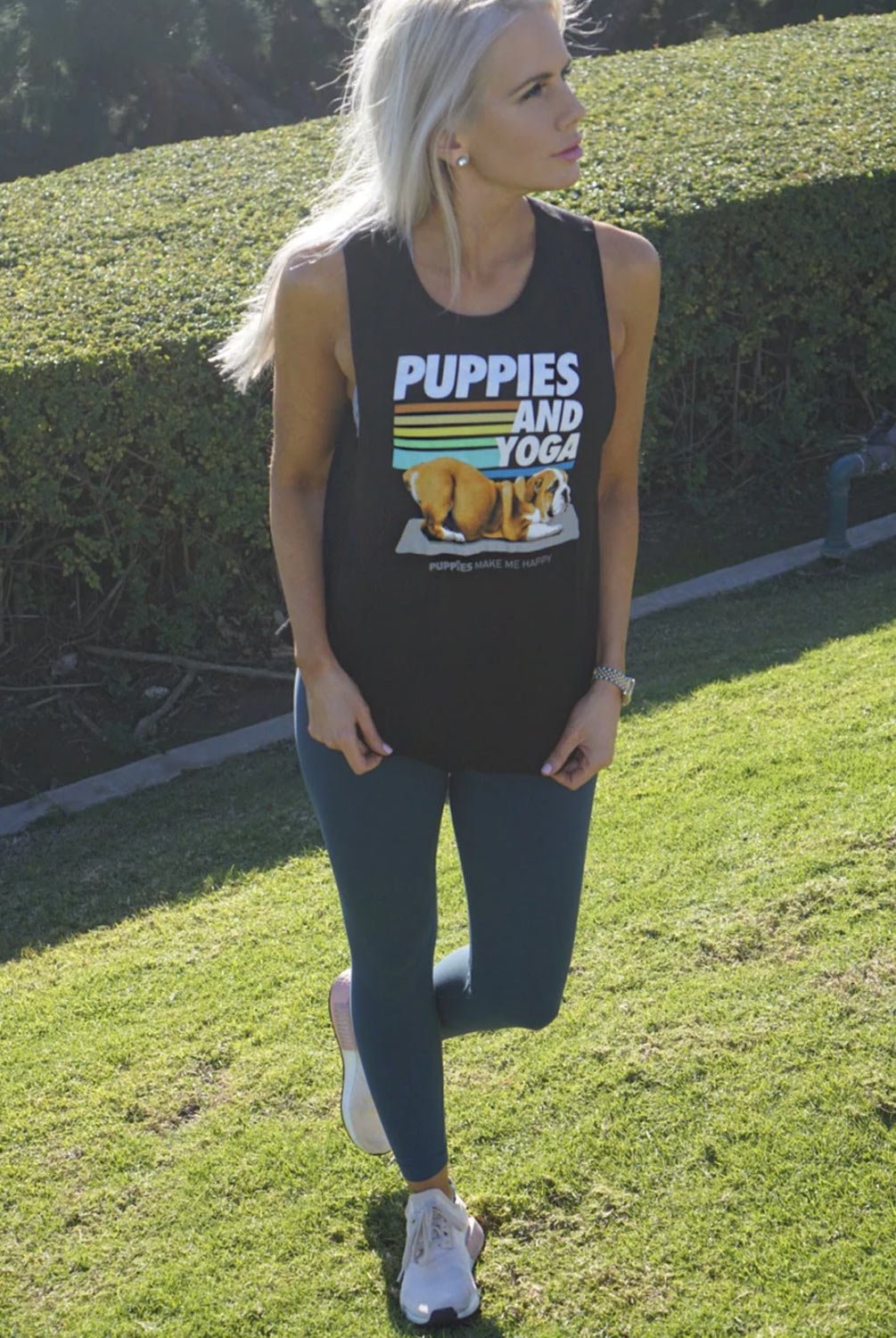 PUPPIES Puppies & Yoga Classic Sleeveless Tee | Puppies Make Me Happy | Evolve Fit Wear