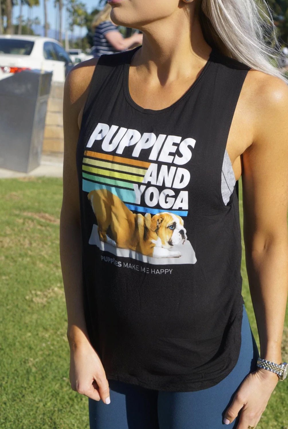 PUPPIES Puppies & Yoga Classic Sleeveless Tee | Puppies Make Me Happy | Evolve Fit Wear