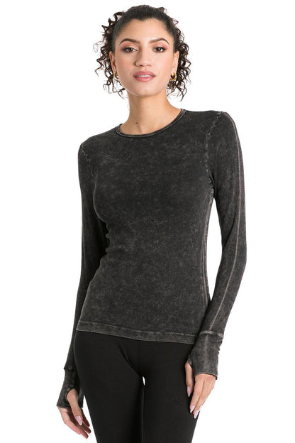 Sporty Thumbhole Long Sleeve Pullover Tee - Mineral Black