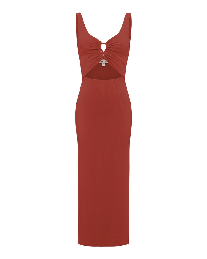 LSPACE Camille dress in dusty fig, off-model flat lay.