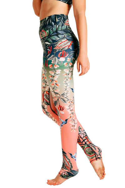 Yoga Democracy Women's Eco-friendly yoga full length leggings in Feeling Ferntastic green and pink fern floral print. USA made from post-consumer recycled plastic bottles. Sweat wicking, anti-microbial, and quick dry ultra-soft brushed fabric.