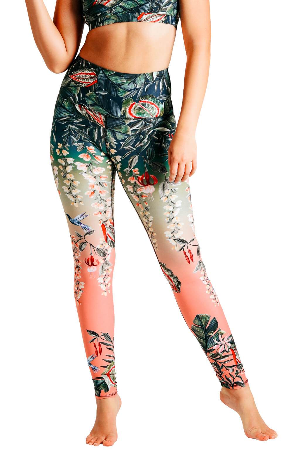 Yoga Democracy Women's Eco-friendly yoga full length leggings in Feeling Ferntastic green and pink fern floral print. USA made from post-consumer recycled plastic bottles. Sweat wicking, anti-microbial, and quick dry ultra-soft brushed fabric.