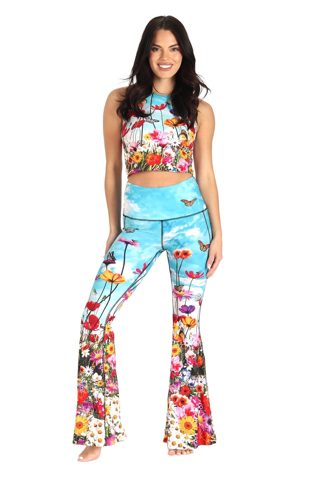 Yoga Democracy Eco-friendly bell bottoms in flower bomb print