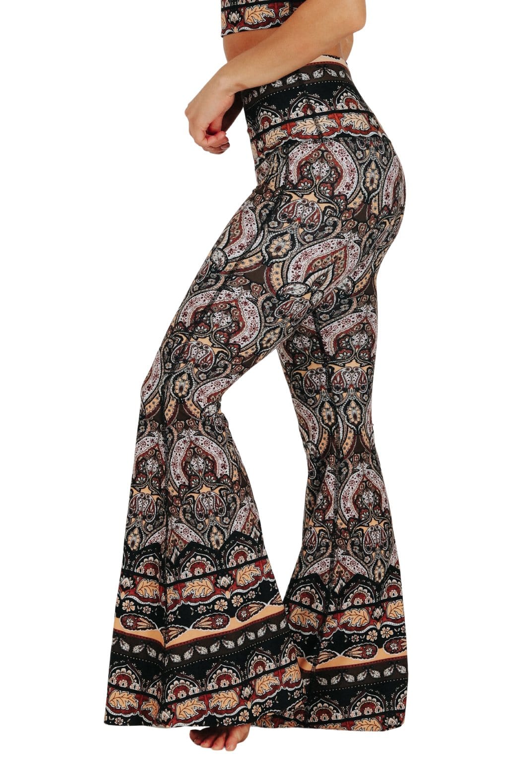 Yoga Democracy Women's eco-friendly bell bottom flare leggings printed in  Espresso Yourself