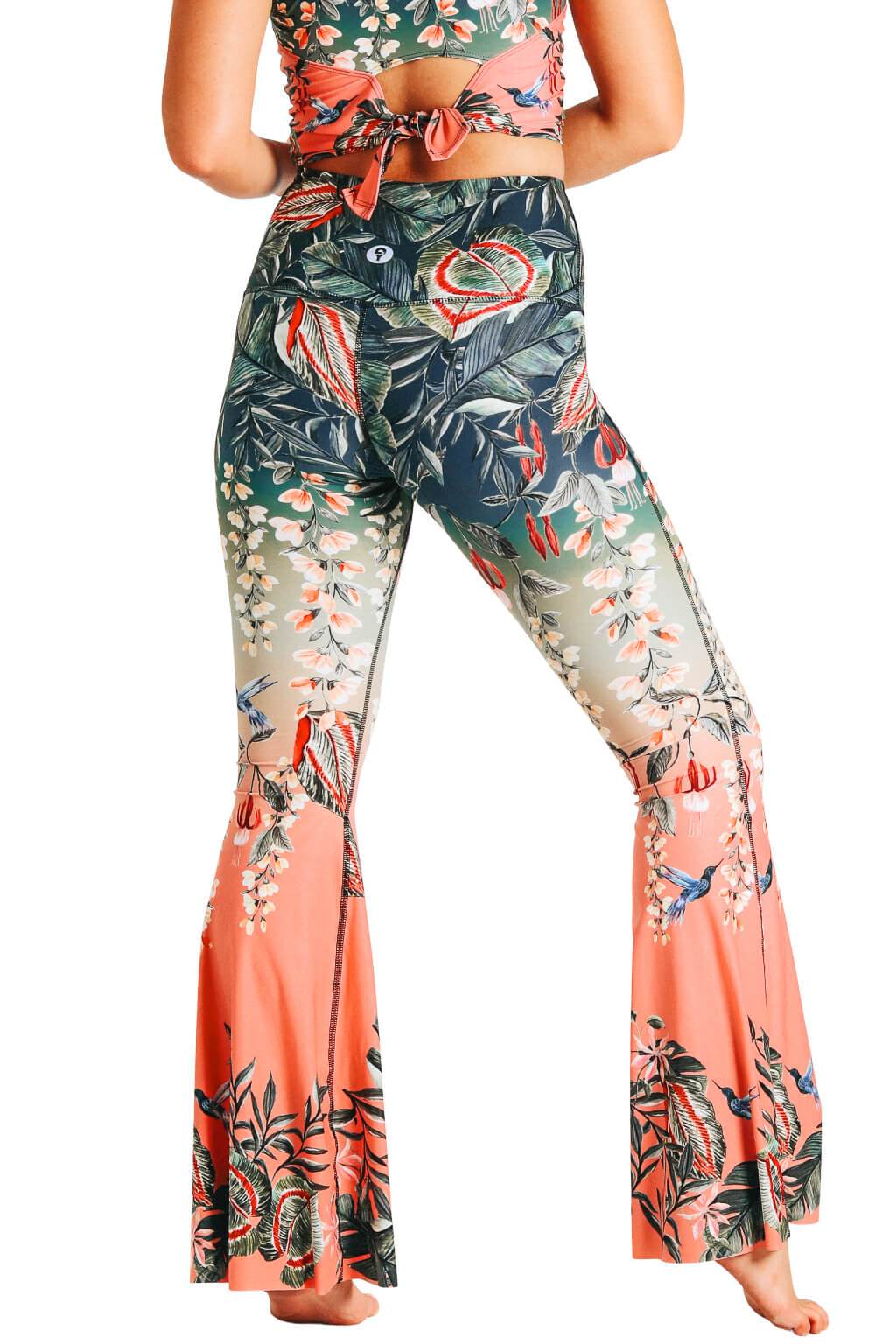 Yoga Democracy women's Eco-friendly bell bottom flare leggings in Feeling Ferntastic Fern green and pink floral print. USA made from post consumer recycled plastic bottles