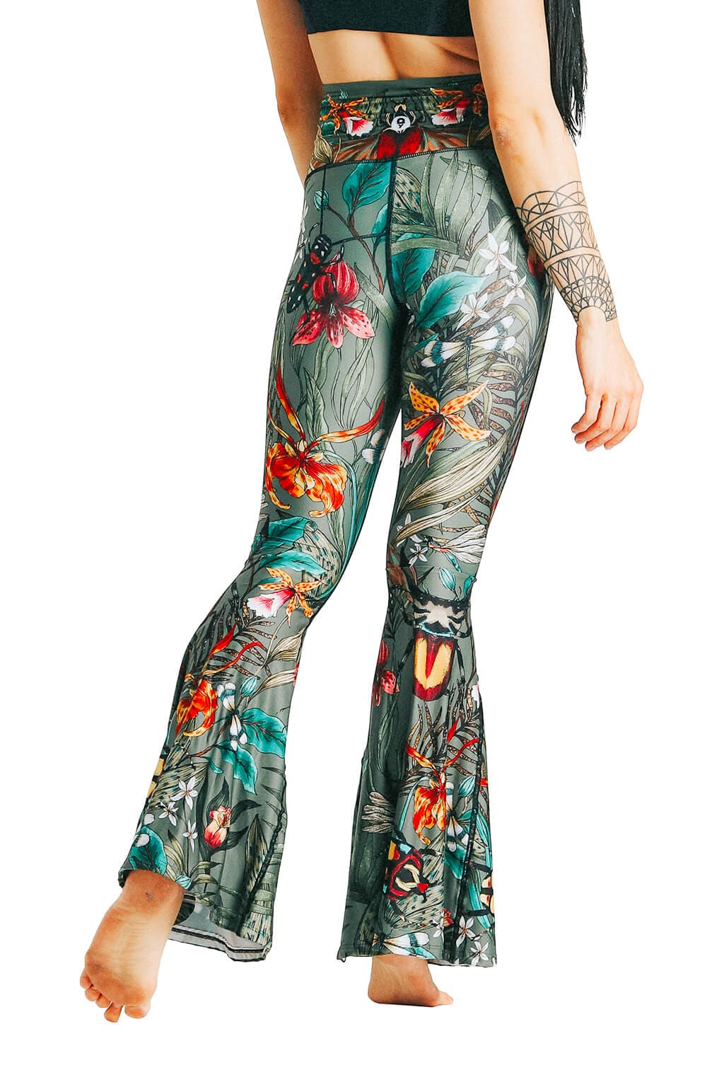 Yoga Democracy Leggings Green Thumb Printed Bell Bottoms