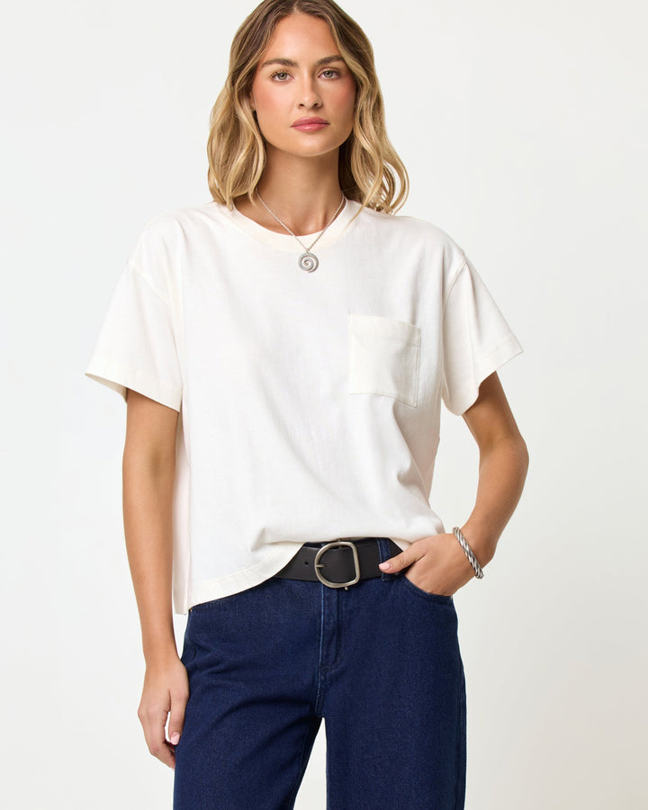 LSPACE Everyday tee in cream, close-up detail view on model.