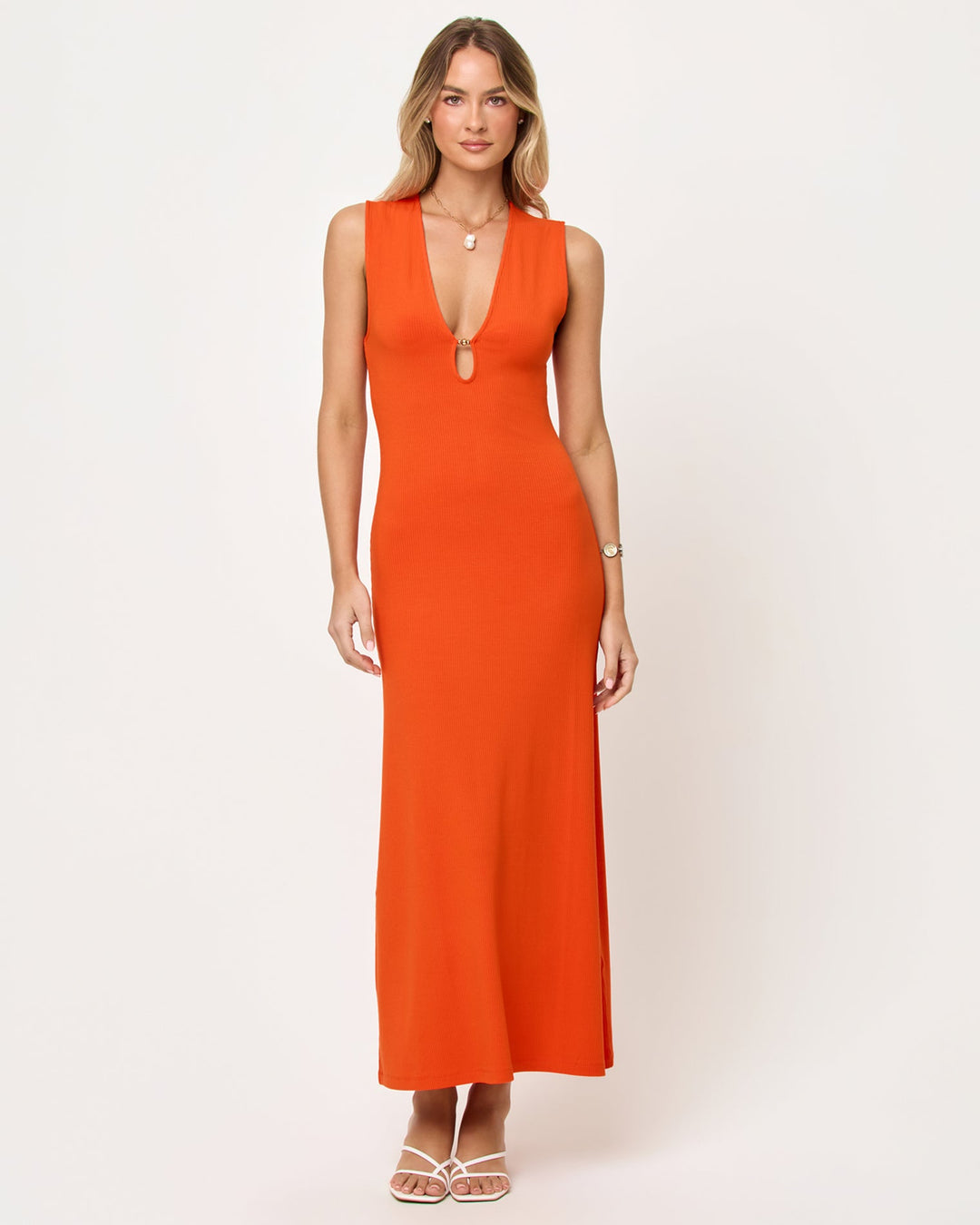 LSPACE Yuki maxi dress in Poppy, front view on model.