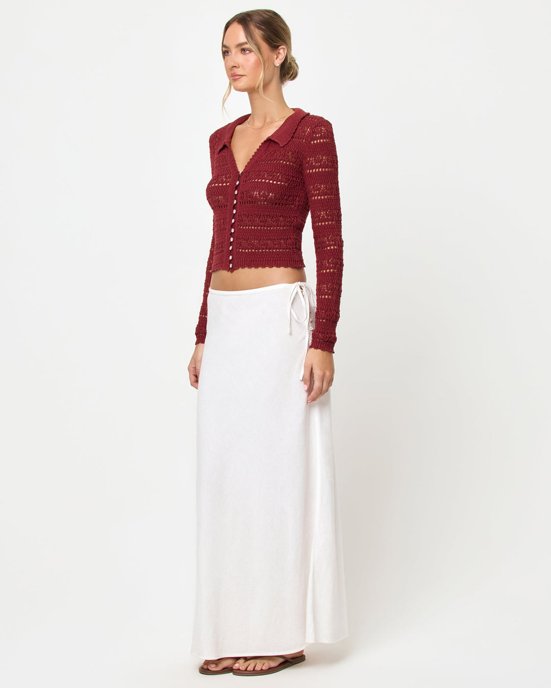 LSPACE Leighton sweater in Dusty Fig, three-quarter view on model.
