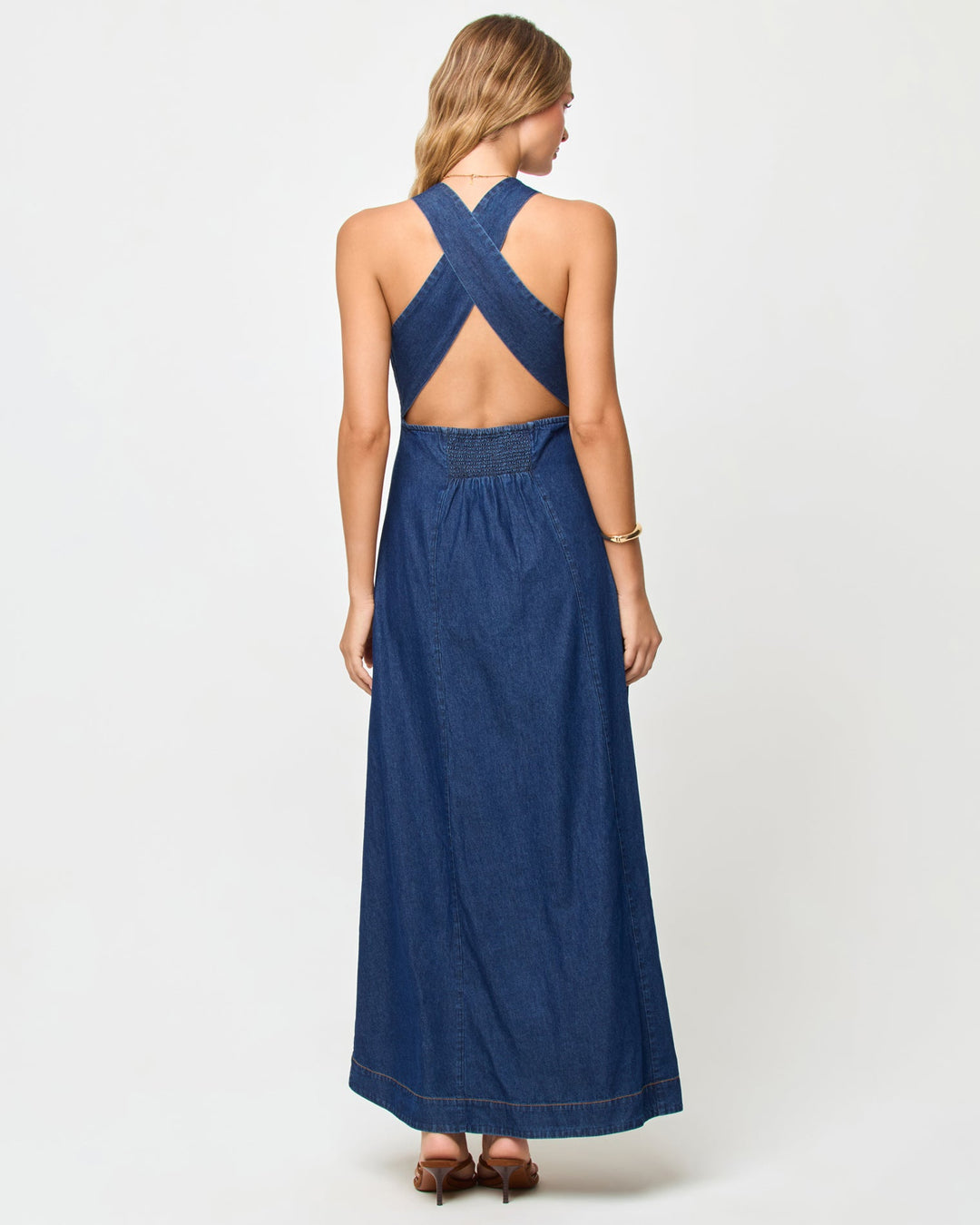 LSPACE Arlo maxi dress in Indigo Chambray, back view on model.