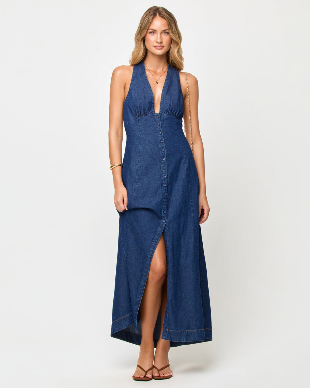 LSPACE Arlo maxi dress in Indigo Chambray, three-quarter view on model.