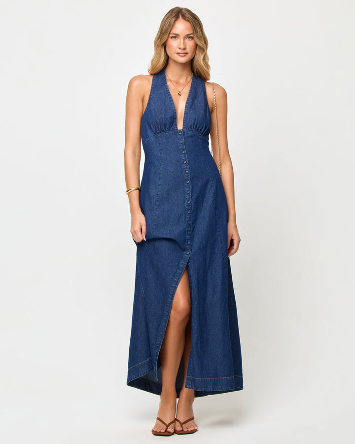 LSPACE Arlo maxi dress in Indigo Chambray, three-quarter view on model.
