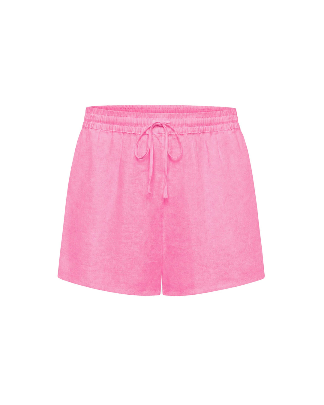 Off-model view of the LSPACE Rio Short in hottest pink, displayed flat against a white background to show the elastic drawstring waistband and relaxed linen silhouette.