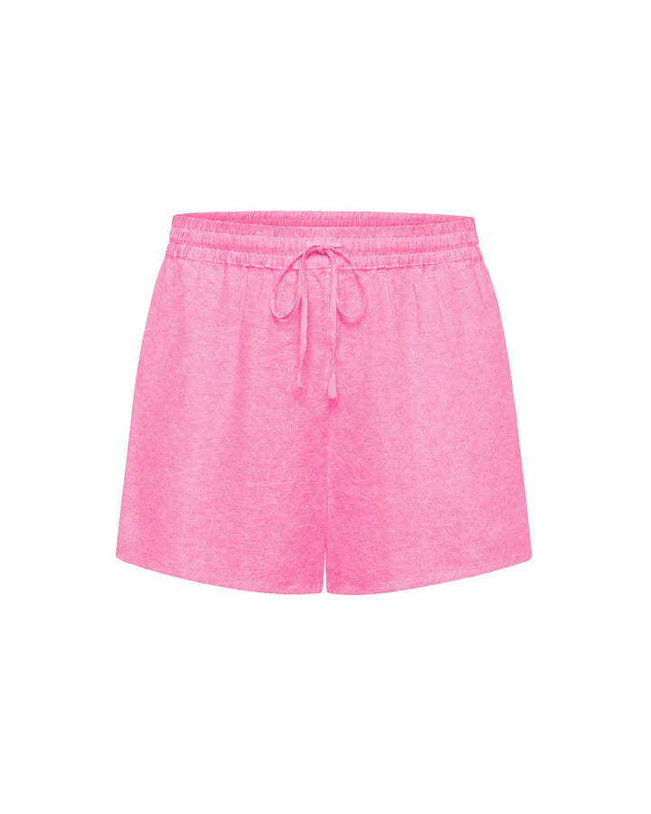 Off-model view of the LSPACE Rio Short in hottest pink, displayed flat against a white background to show the elastic drawstring waistband and relaxed linen silhouette.