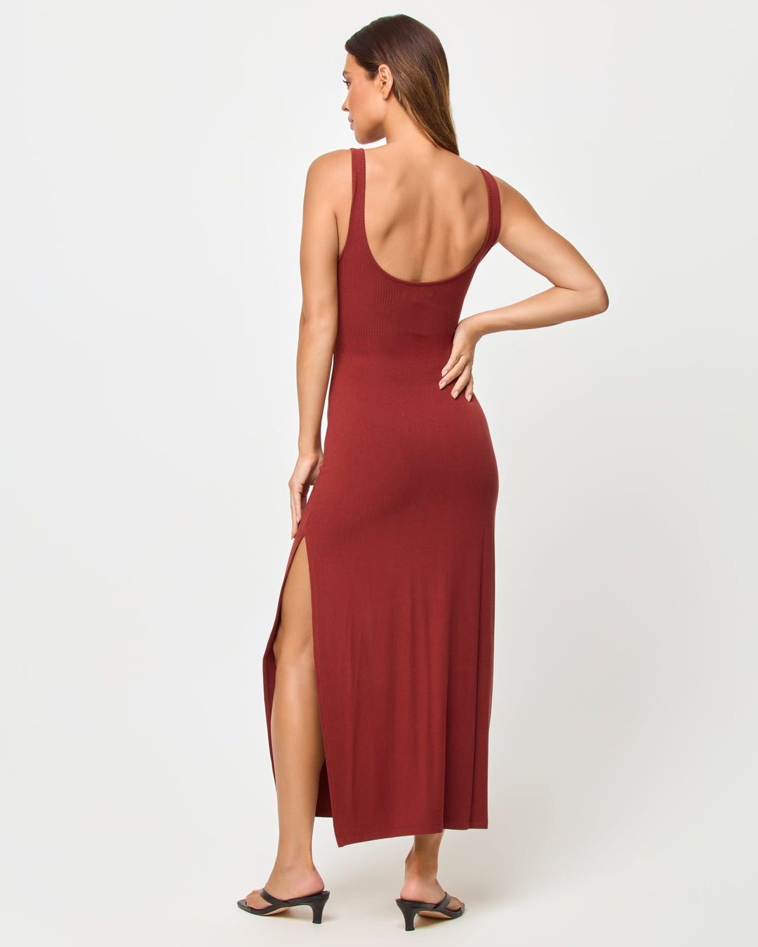 LSPACE Camille dress in dusty fig, back view on model.