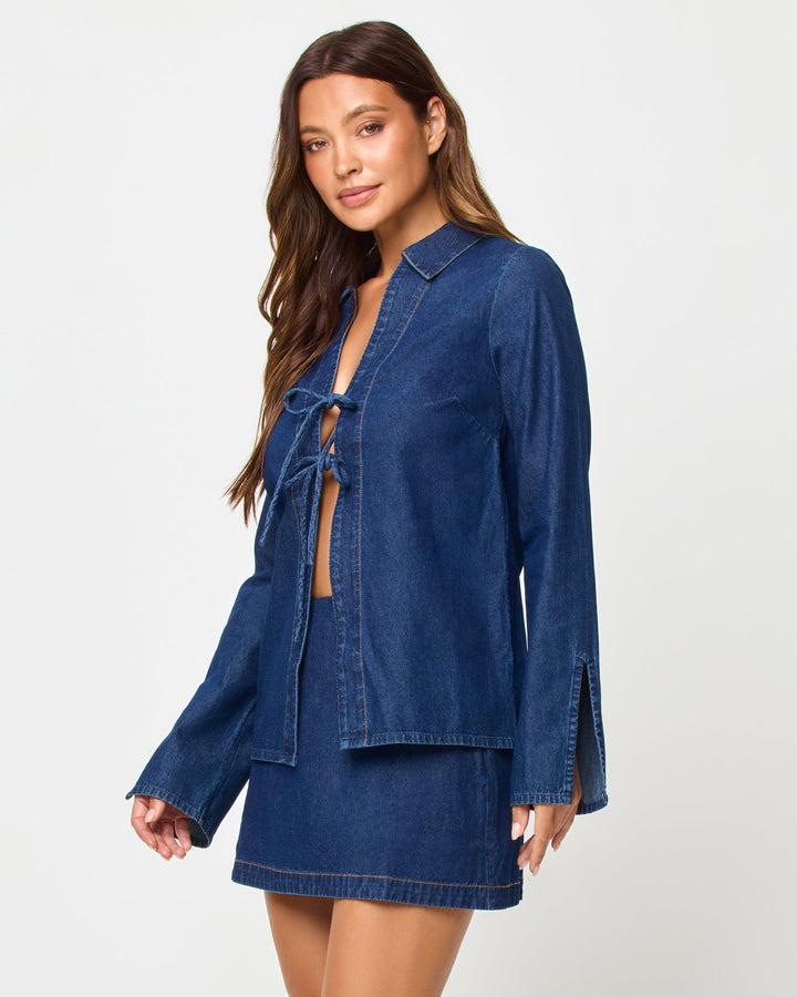 LSPACE Venice shirt in Indigo Chambray, three-quarter view on model.