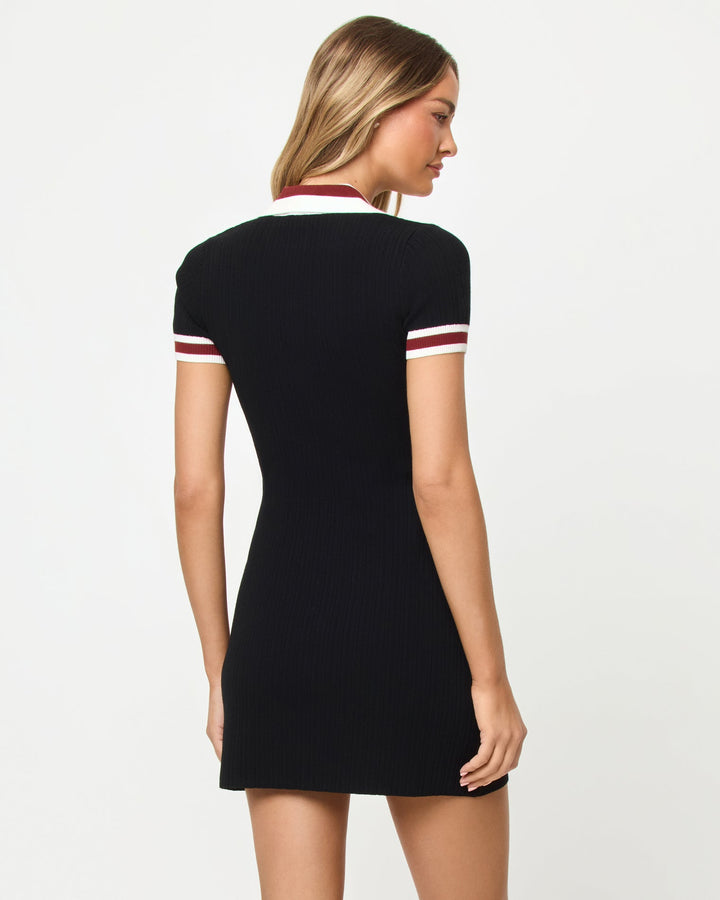 LSPACE Off Duty dress in black cream dusty fig, back view on model.