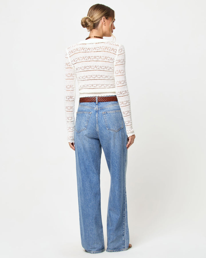 LSPACE Leighton sweater in Cream, back view on model.