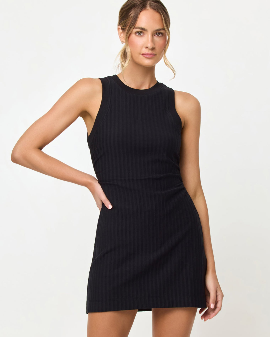 LSPACE Muse dress in black, close-up detail view on model.