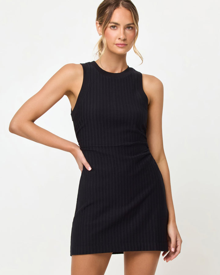 LSPACE Muse dress in black, close-up detail view on model.