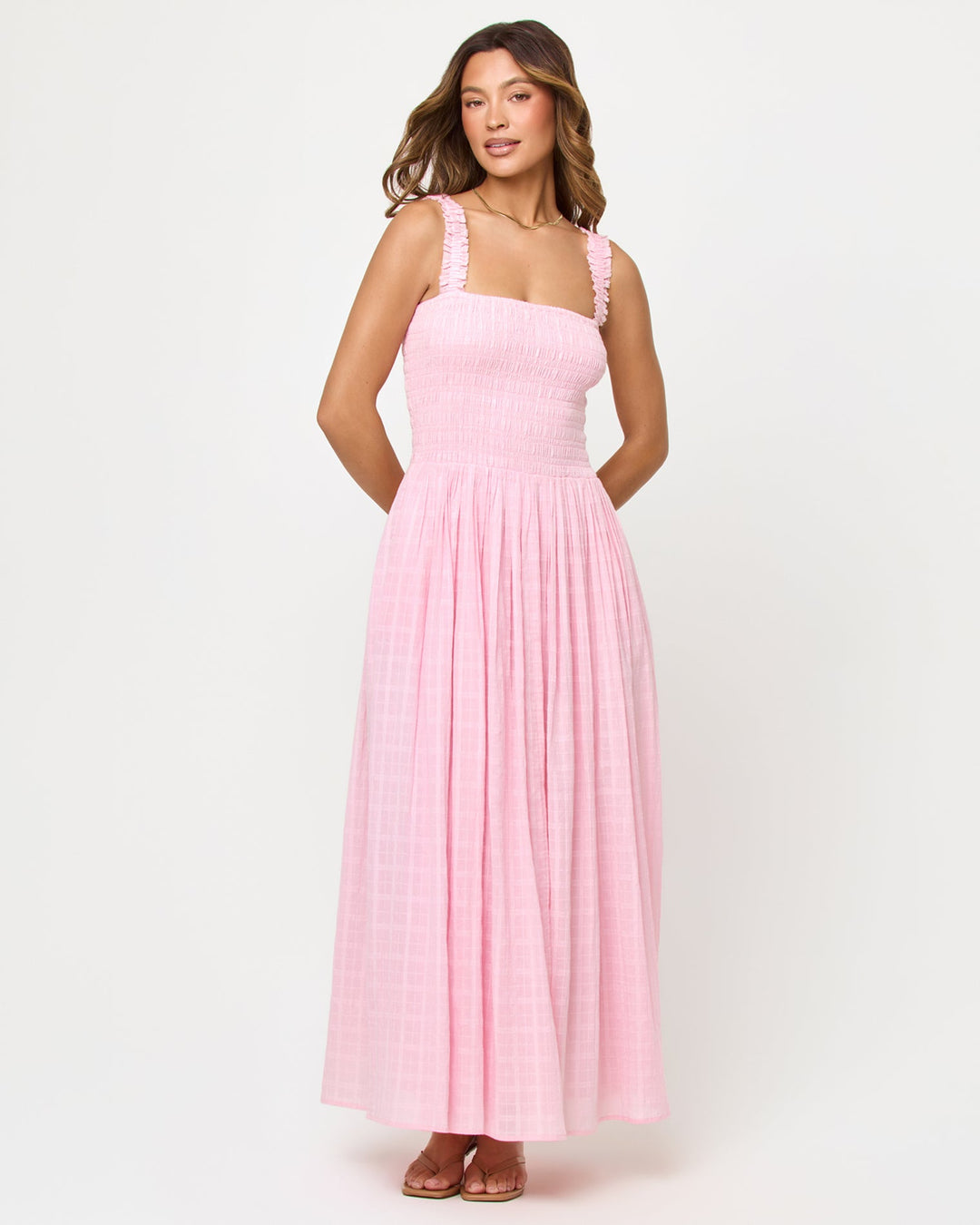 LSPACE Wren Maxi in rosewater, front view on model.