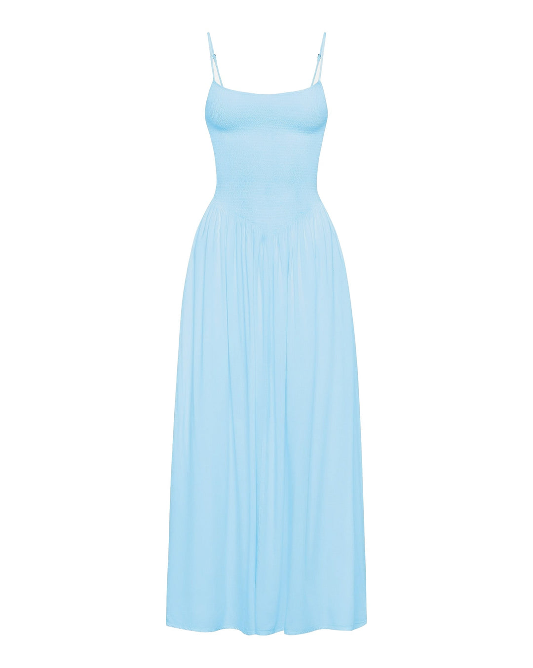 Off-model view of the LSPACE Misha Midi in Tourmaline, displayed on a white background to show the full silhouette with thin spaghetti straps, smocked bodice, and full gathered midi skirt in powder blue.