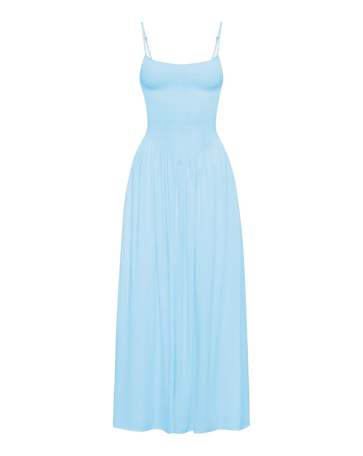 Off-model view of the LSPACE Misha Midi in Tourmaline, displayed on a white background to show the full silhouette with thin spaghetti straps, smocked bodice, and full gathered midi skirt in powder blue.