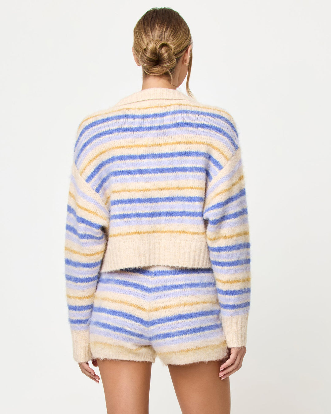 LSPACE Montauk short and Rumi Cardigan in Seaside Stripe, back view on model.