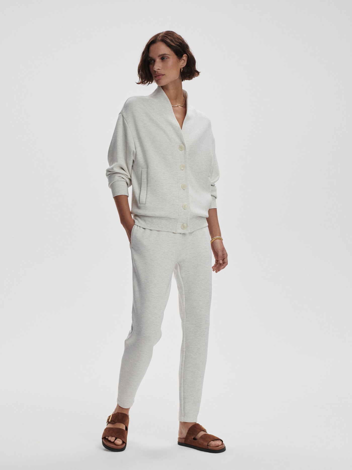 Varley Celeste Button Through Sweat - Ivory Marl