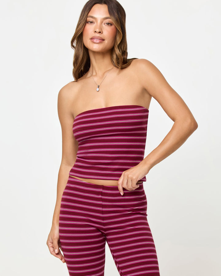 LSPACE Zinnia Pant in Sipping Sangria Stripe, close-up detail view on model.