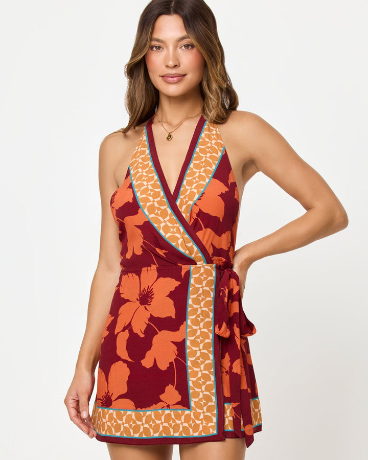 LSPACE Taura Mini Dress in Cocobolo print, front, close-up view on model.