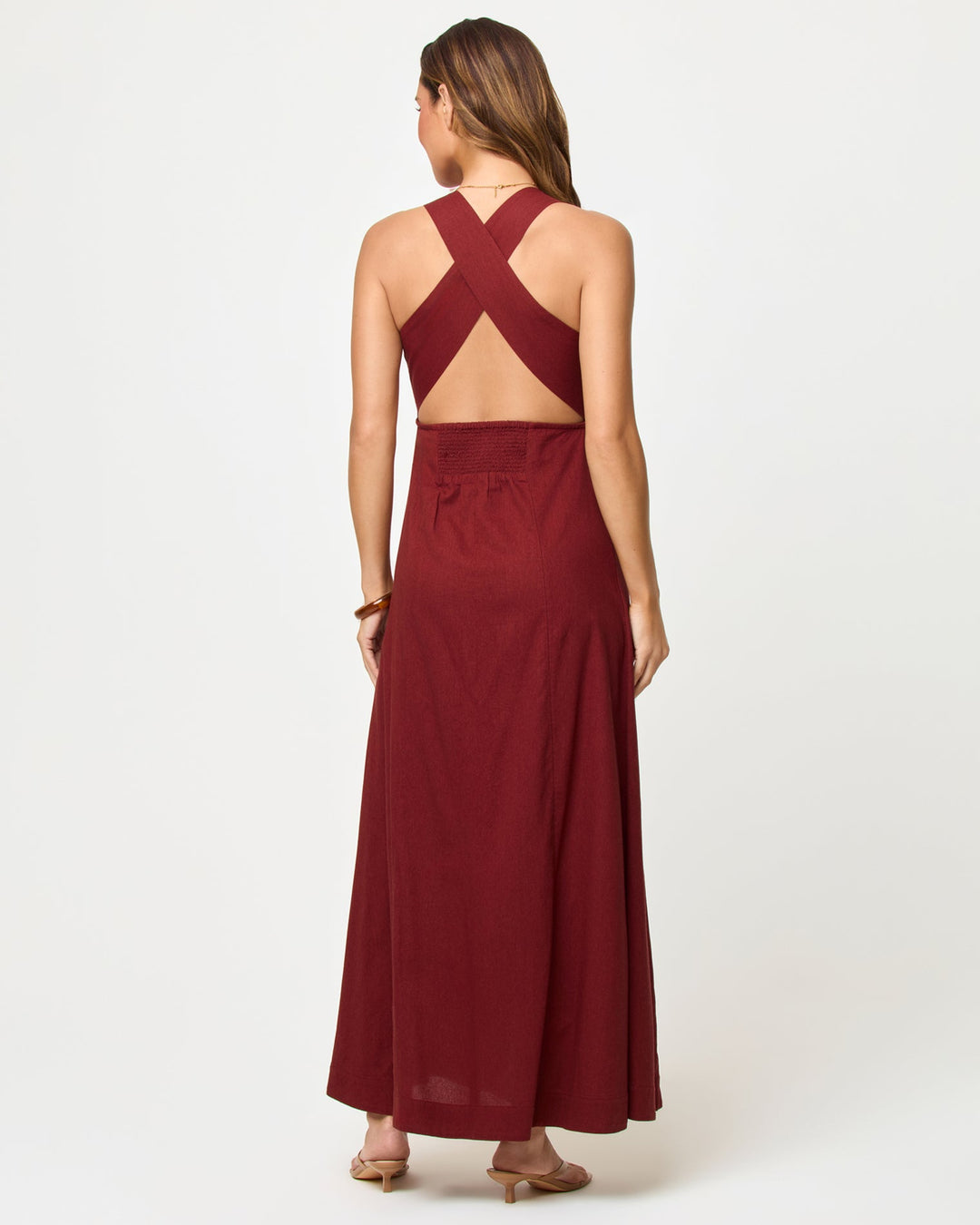 LSPACE Arlo maxi dress in Dusty Fig, back view on model.