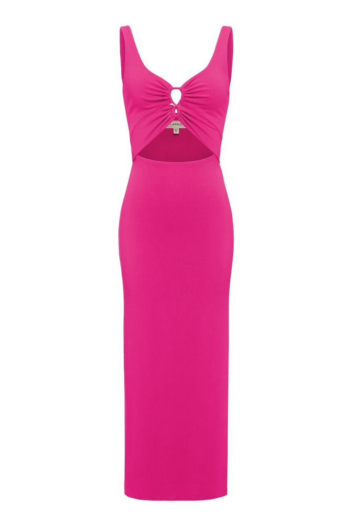 Off-model view of the LSPACE Camille Dress in Bougainvillea, a bright fuchsia fitted ribbed knit midi dress with a deep V-neckline and O-ring keyhole cutout at the chest and midriff, on a light background.