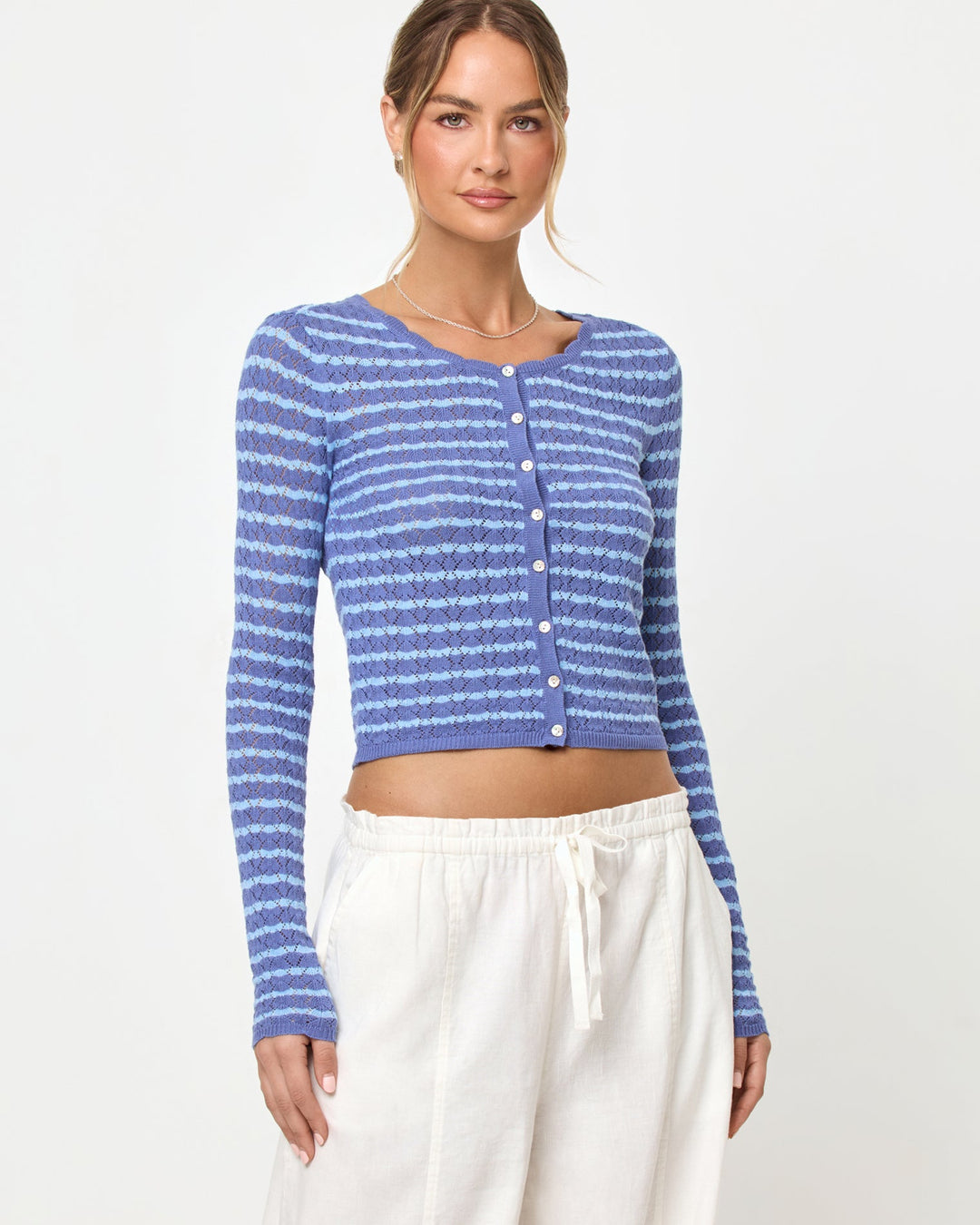 Blue Lagoon | Badge:New Arrival_#B2AC88_#ffffff'

LSPACE Rosalie cardigan in blue lagoon, close-up detail view on model.