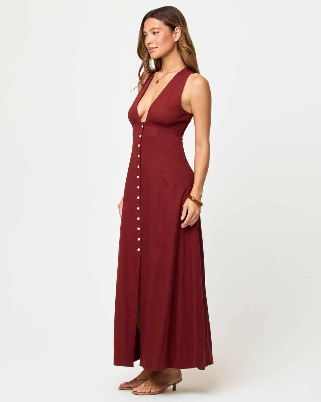 LSPACE Arlo maxi dress in Dusty Fig, side view on model.