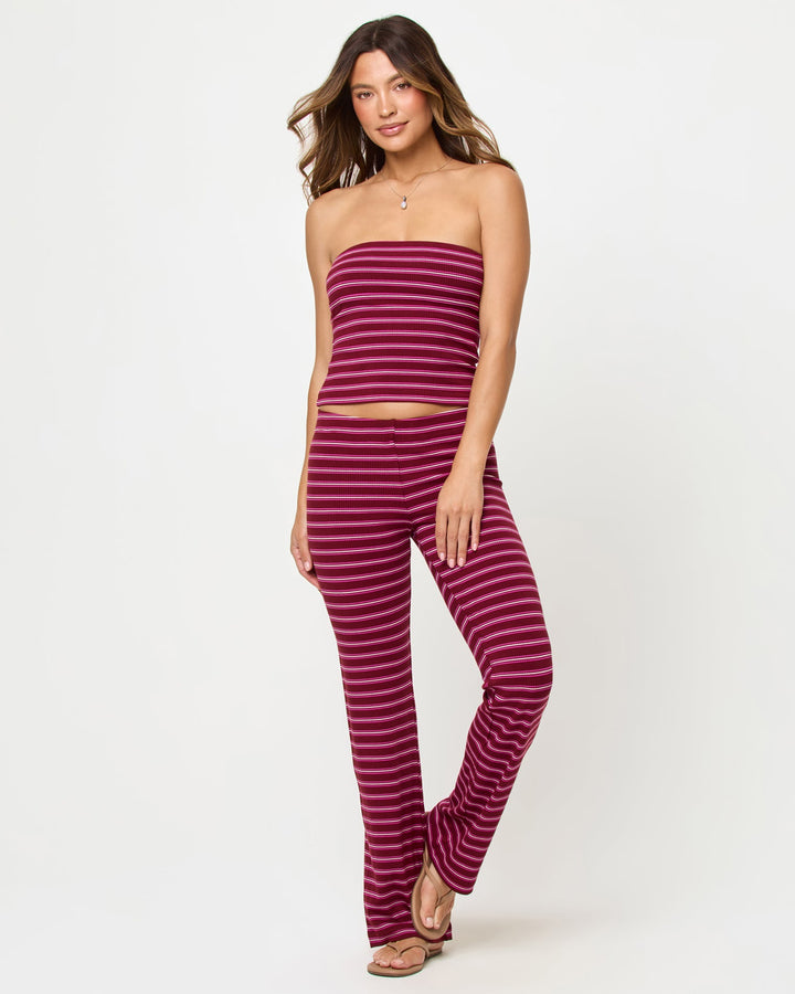 LSPACE Zinnia Pant in Sipping Sangria Stripe, front view on model.