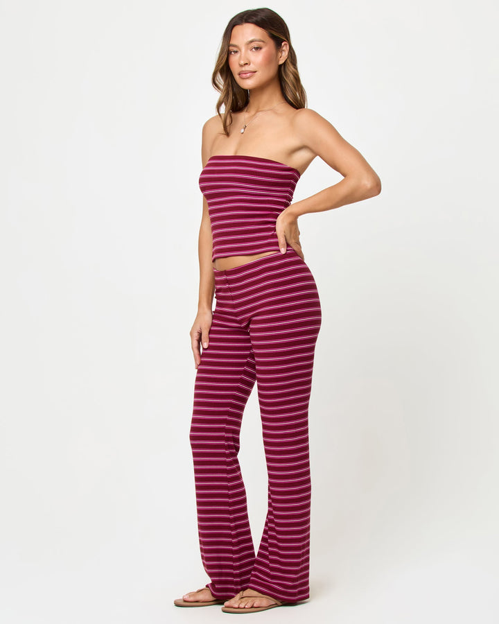 LSPACE Zinnia Pant in Sipping Sangria Stripe, three-quarter view on model.